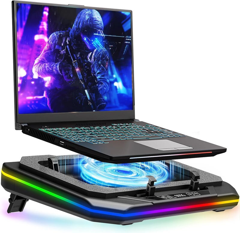 MOUNT PRO Gaming Laptop Cooling Pad, RGB Laptop Cooler Stand with Powerful Turbofan (3500 RPM), Height Adjustable Laptop Fan Cooling Pad for 13-19 Inches Notebook, with Sealed Foam, Touch Control - Image 1